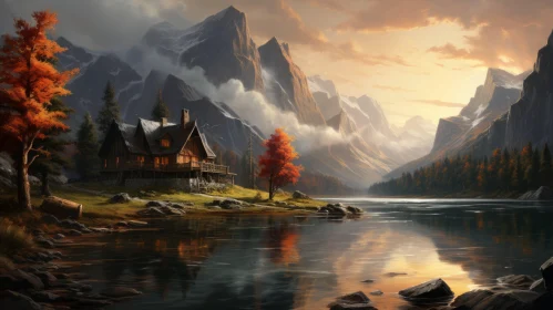 Mountain Cabin by the Lake: A Masterpiece in Red and Amber