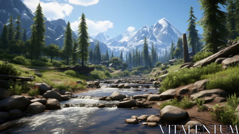 Mountain Stream in Wilderness - A Serene and Harmonious Landscape AI Image