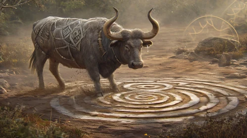 Powerful and Mysterious Bull in a Field - Digital Painting
