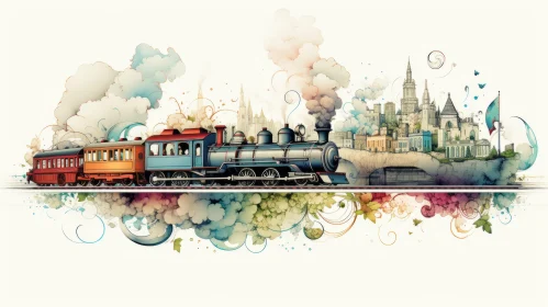 Steam Train Departing City - A Whimsical Watercolor Painting