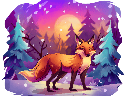 Whimsical Fox in Snowy Forest Sunset - Ideal for Children's Wear