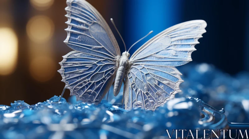 White Butterfly in Liquid Metal Style on Blue Tray AI Image