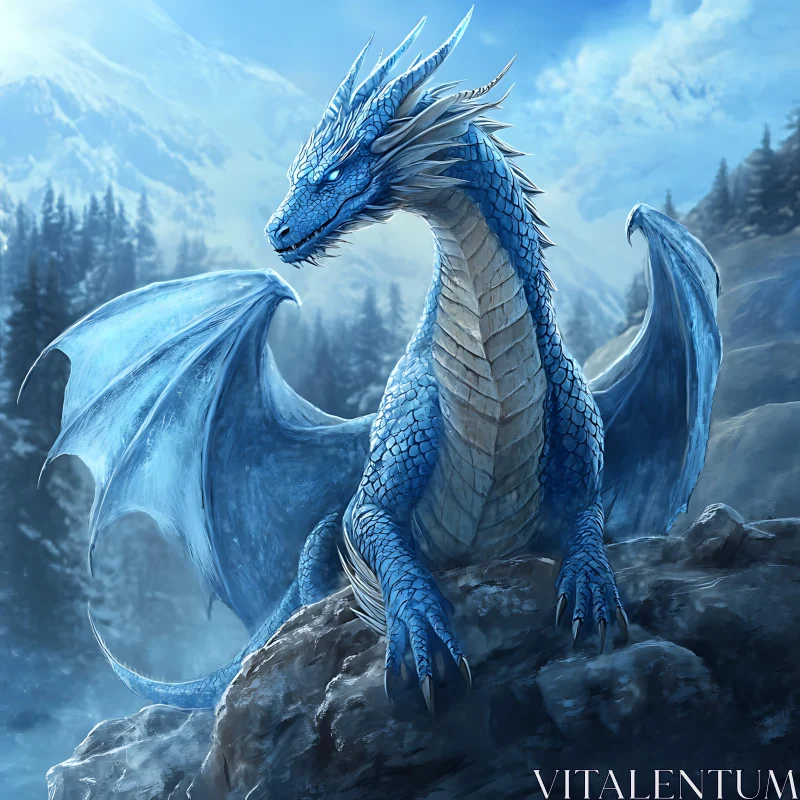 Azure Dragon Perched on Rocky Peak AI Image