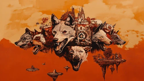 Surreal Wolves Illustration with Floating Islands