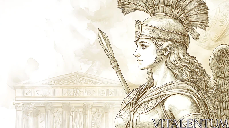 Sepia Drawing of Athena with Spear AI Image