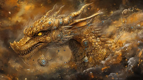 Ornate Golden Dragon Head in Clouds