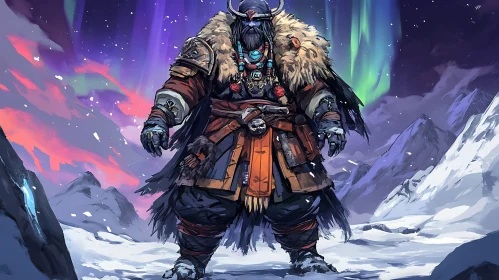 Fantasy Warrior in Snowy Mountain Landscape