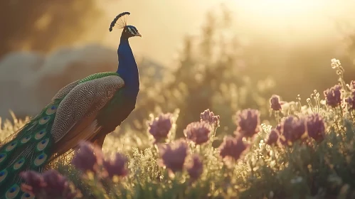 Golden Hour Peacock Among Flowers