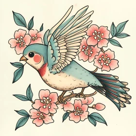 Floral Bird Tattoo Design Illustration