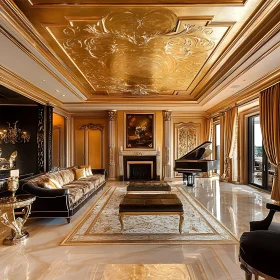 Luxurious Living Space with Ornate Gold Accents and Grand Piano