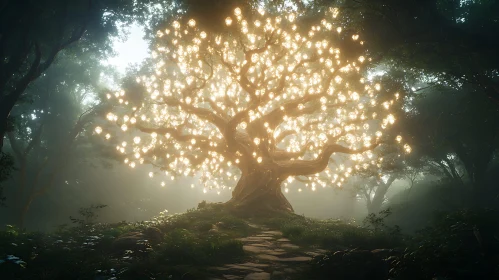 Mystical Forest Tree with Glowing Lights