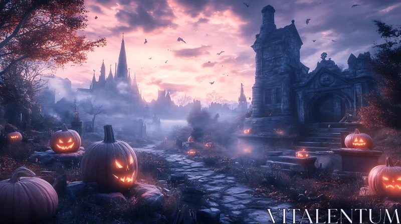 Gothic Halloween Scene with Castle AI Image