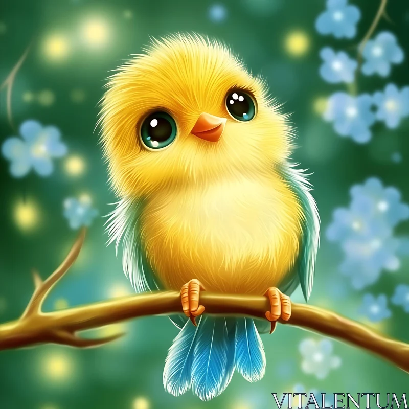 Charming Bird Illustration with Blue Flowers AI Image