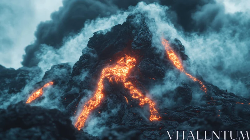 Intense Volcano Eruption with Lava Flow and Ash Clouds AI Image