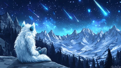 Creature Watching Shooting Stars Over Mountains