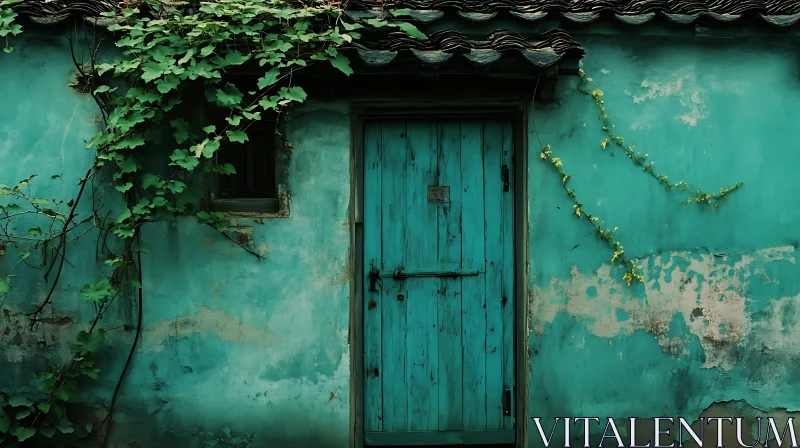 Weathered Building with Wooden Door and Ivy AI Image