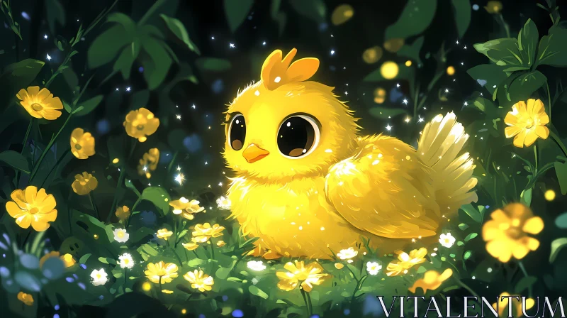 Whimsical Chick Amongst Blossoming Flowers AI Image