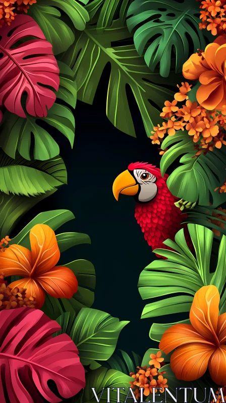 Exotic Jungle with Parrot and Flowers AI Image