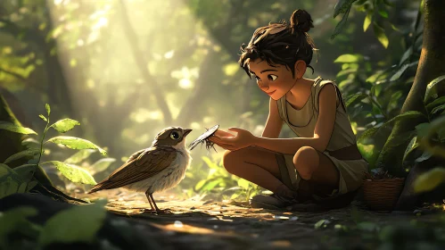 Forest Scene with Girl and Bird