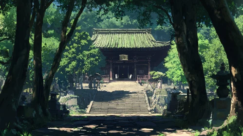 Japanese Temple Amidst Greenery