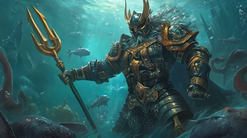 Armored God with Trident in Ocean