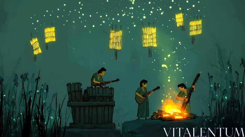 Campfire Musicians Under Lanterns AI Image