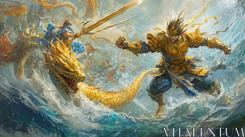 AI ART Golden Warrior Confronts Dragon on the Waves