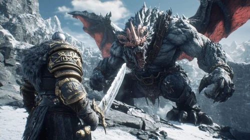 Fantasy Warrior Confronts Dragon in Snowy Arena