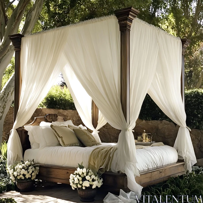 Tranquil Outdoor Canopy Bed with Lush Surroundings AI Image