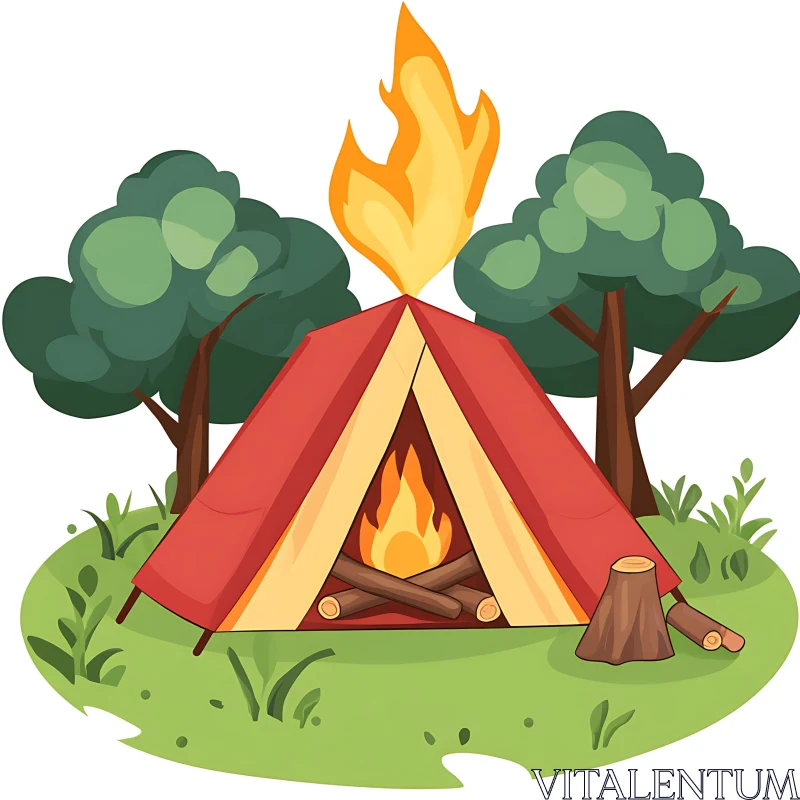 Serene Camping Scene with Campfire and Tent AI Image