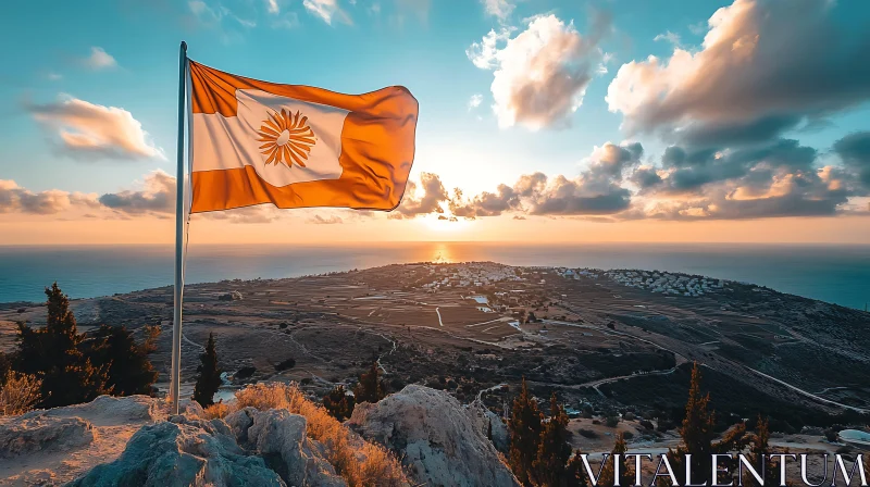 Hilltop Flag at Sunset AI Image