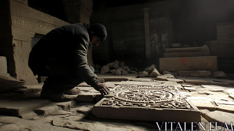 Man Inspecting Ancient Stone Carving AI Image