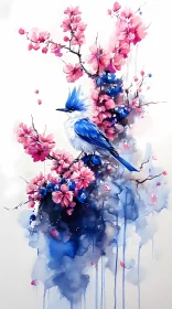 Blue Bird Among Cherry Blossoms Artwork