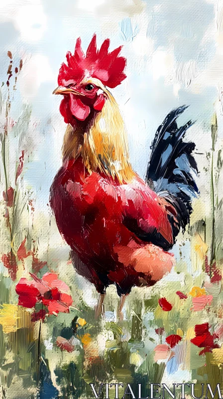 Artistic Rooster and Wildflowers AI Image