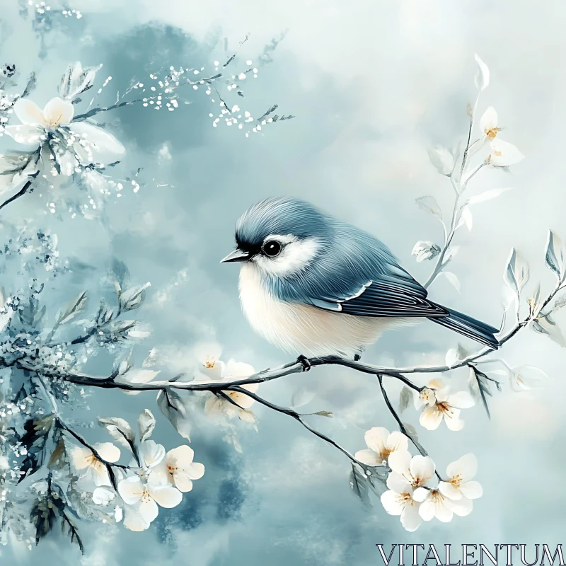 Blue Bird with White Flowers Artwork AI Image