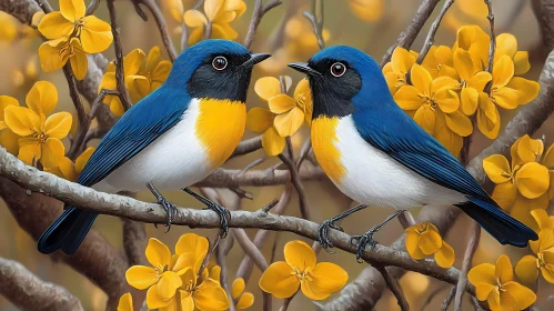 Colorful Birds in Flowering Branches