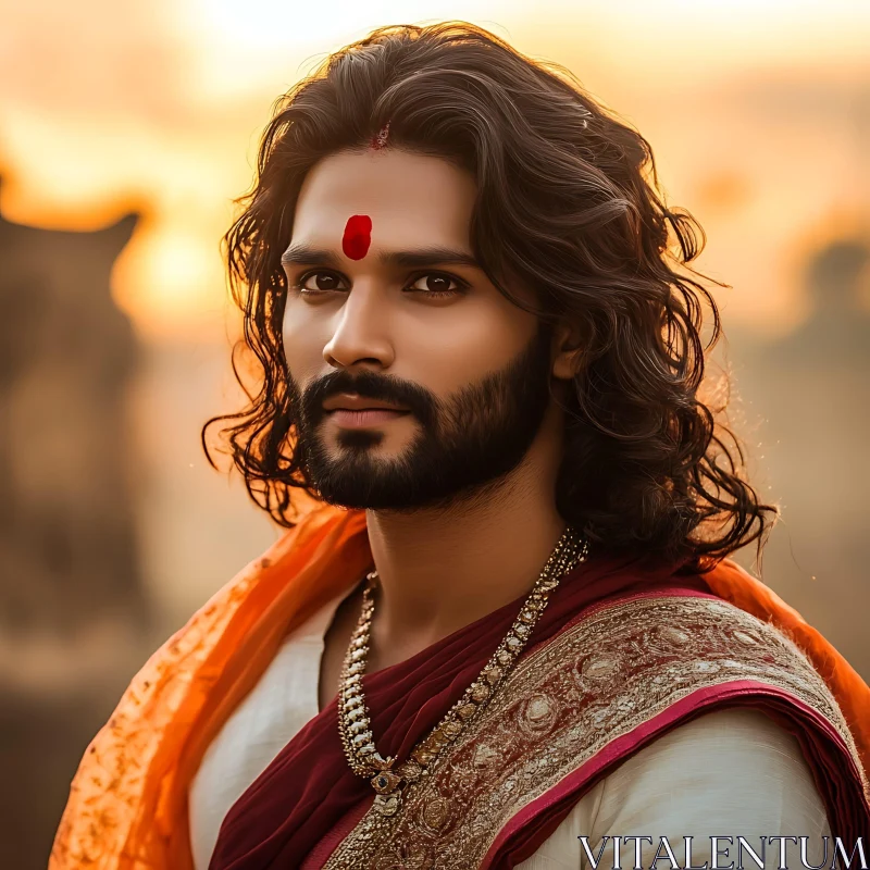 Man in Saree with Sunset Backdrop AI Image