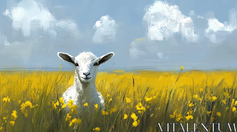 Lamb in a Field of Yellow Blossoms AI Image