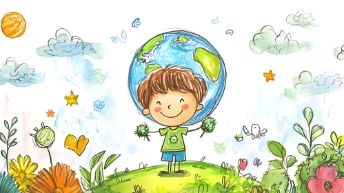 Illustration of Child With Planet Earth