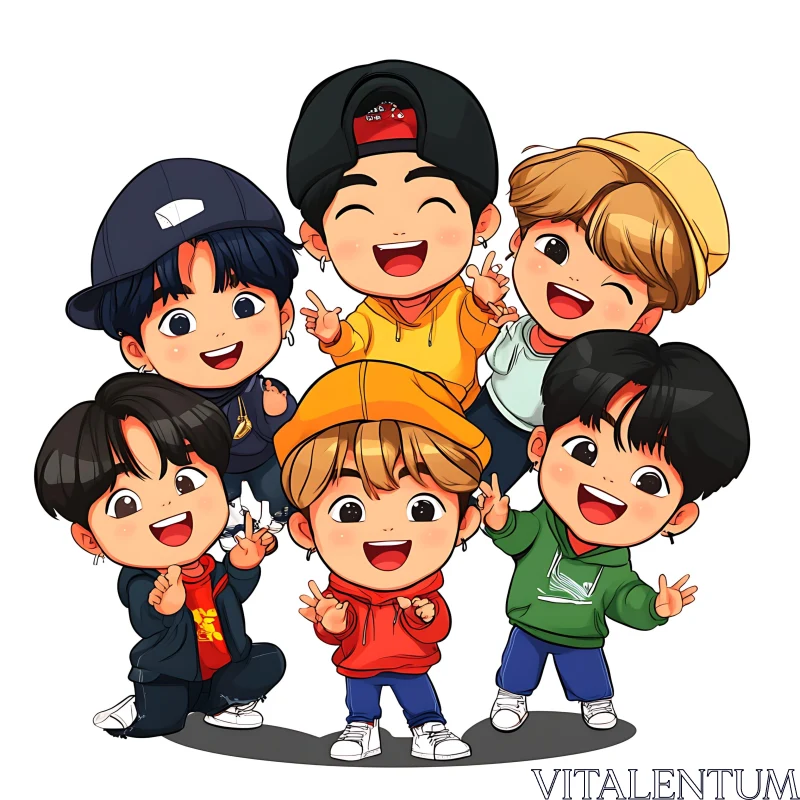 AI ART Cartoon Group of Happy Chibi Boys