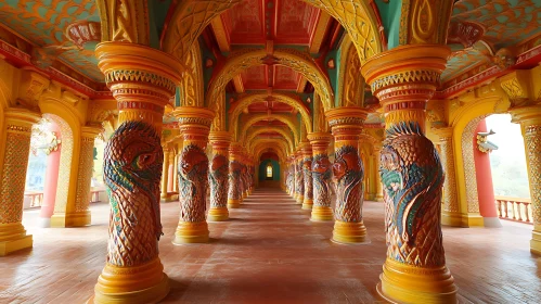 Elaborate Temple Interior with Decorative Pillars