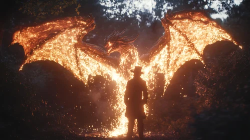 Man Confronts Dragon in Burning Forest