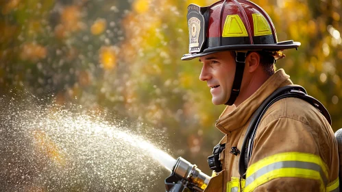 Dedicated Firefighter Operating a Water Hose