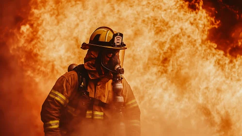 Brave Firefighter in Protective Gear Battling Fire