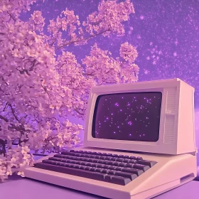 Vintage Computer in a Cherry Blossom Night