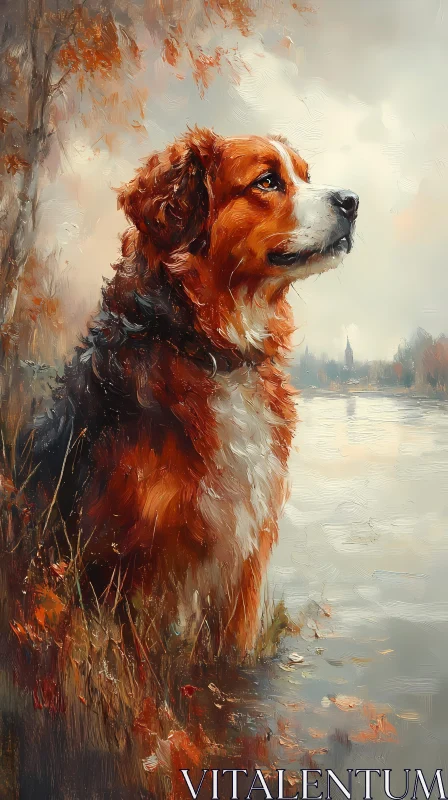 Dog by the Serene Autumn Lake AI Image