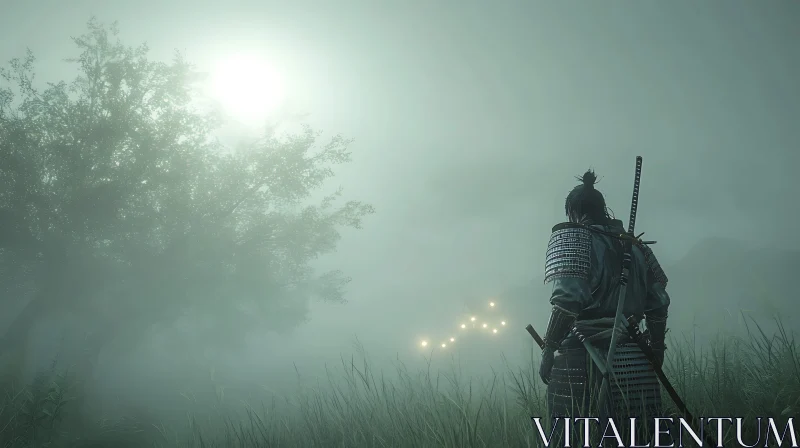 Samurai in Foggy Field AI Image