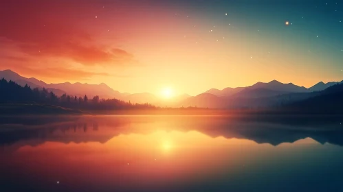 Tranquil Lake at Sunset with Mountain View