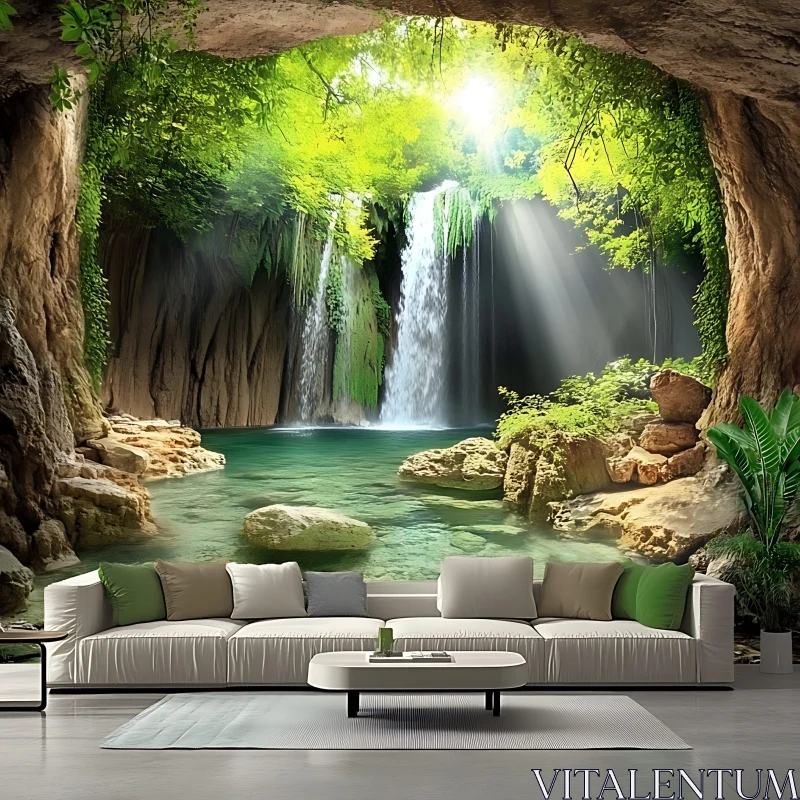 Serene Interior Design with Cave Waterfall AI Image