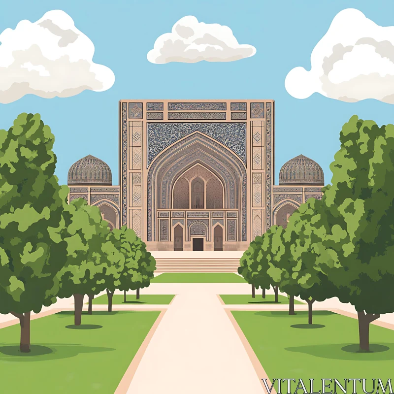 Symmetrical Mosque: A serene garden scene AI Image